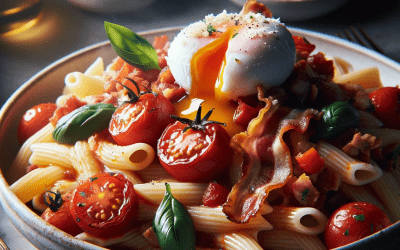 Makaronai su pomidorais, šonine ir kiaušiniu
