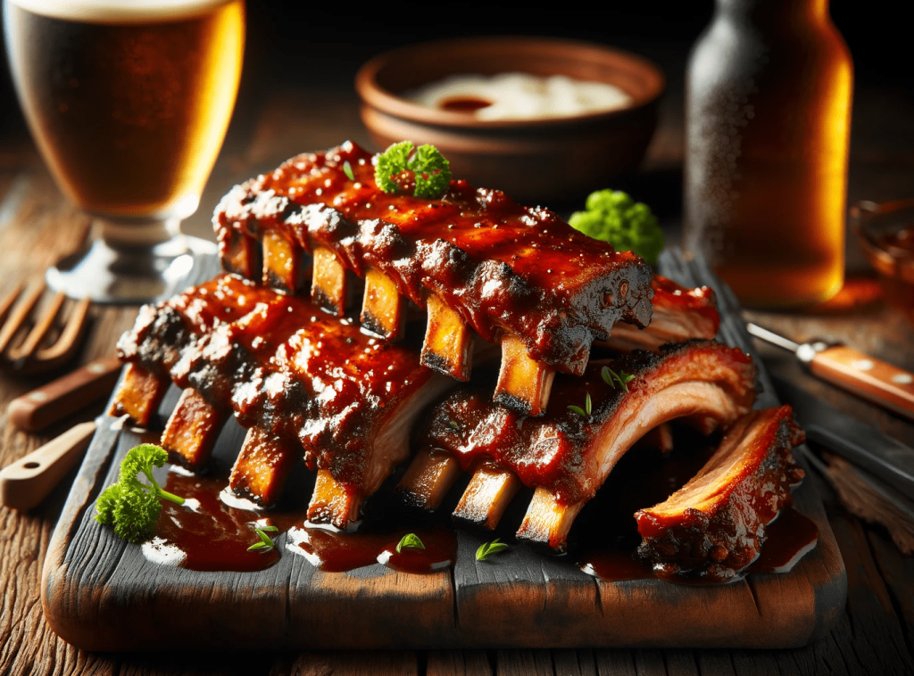 Alaus BBQ troškinti kaimiško stiliaus kiaulienos šonkauliukai