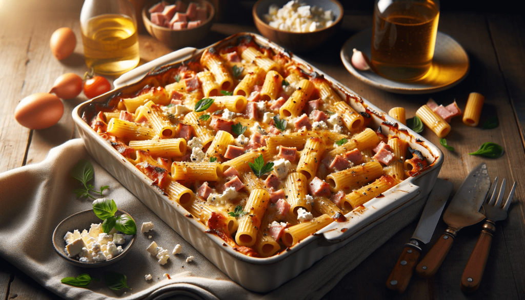 Keptas Rigatoni su kumpiu ir feta