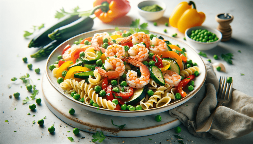 Krevečių makaronai Primavera Krevečių makaronai Primavera