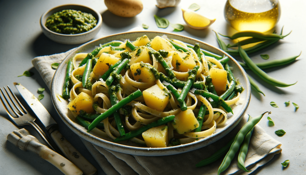 Linguine makaronai su bulvėmis, šparaginėmis pupelėmis ir pesto padažu Linguine makaronai su bulvėmis, šparaginėmis pupelėmis ir pesto padažu