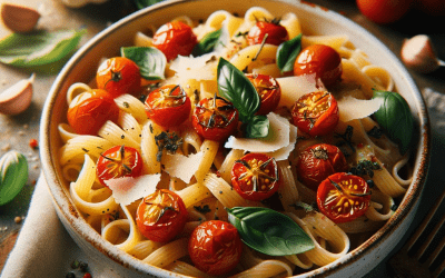 Makaronai su keptais česnakais ir vyšniniais pomidorais