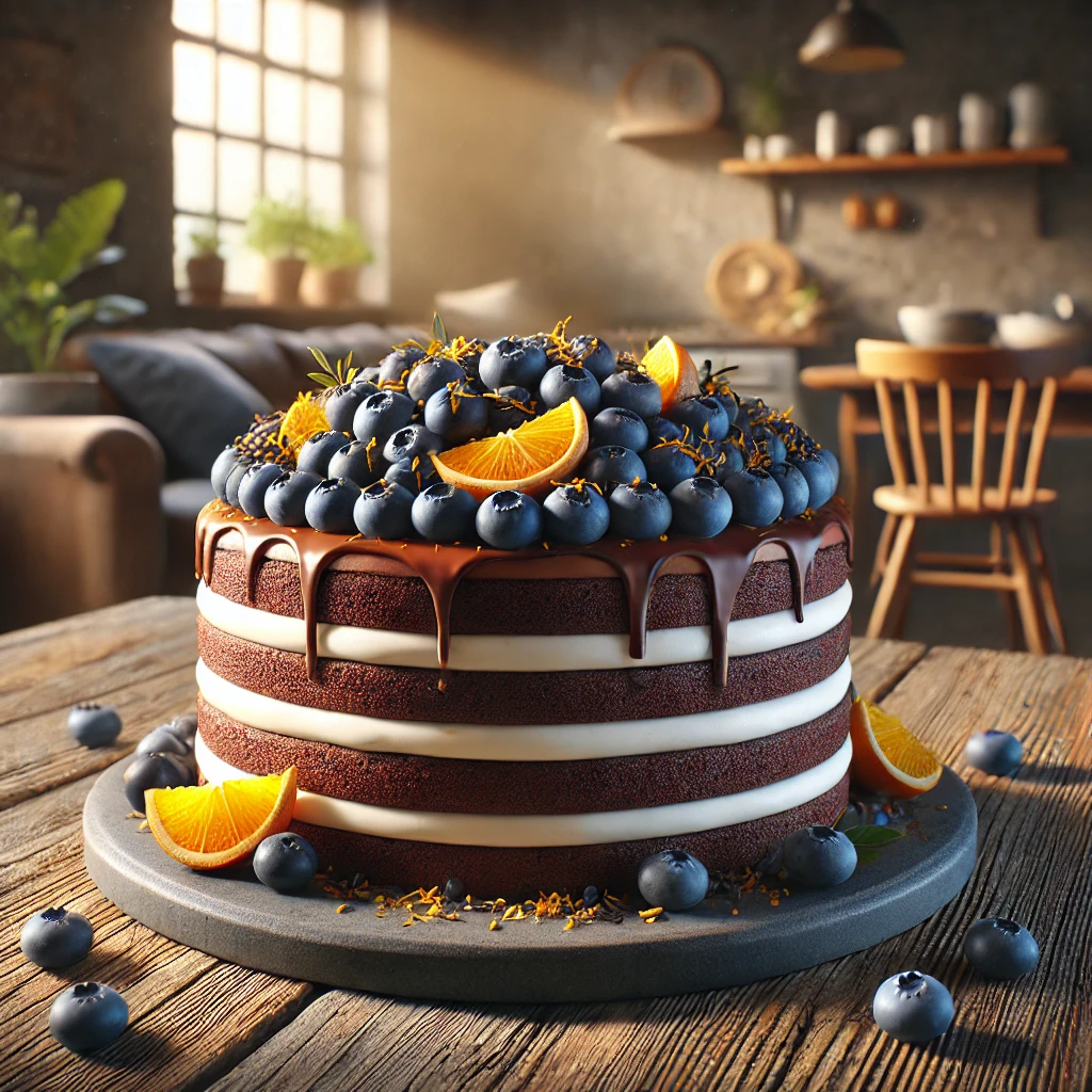Musu Cake Šokoladinis pyragas su mėlynių ir apelsinų kremu - Musu receptai