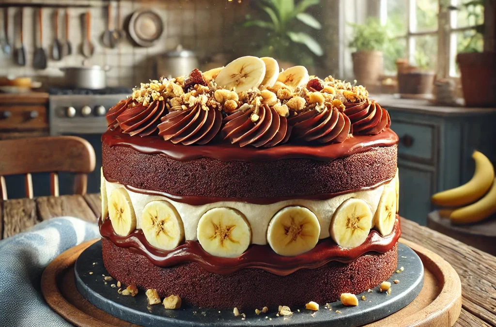 Šokoladinis tortas su bananų ir riešutų kremu