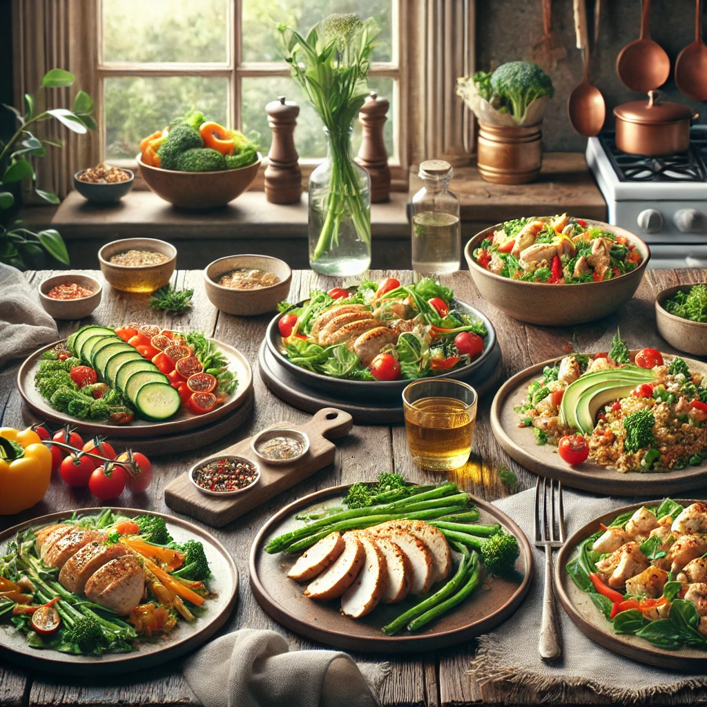DALL·EGreitos ir sveikos vakarienės su vištiena: 10 receptų 2024-07-08 17.07.52 – A realistic image of a variety of quick and healthy chicken dinners. The scene includes dishes such as grilled chicken breast with steamed vegetables, Greitos ir sveikos vakarienės su vištiena: 10 receptų