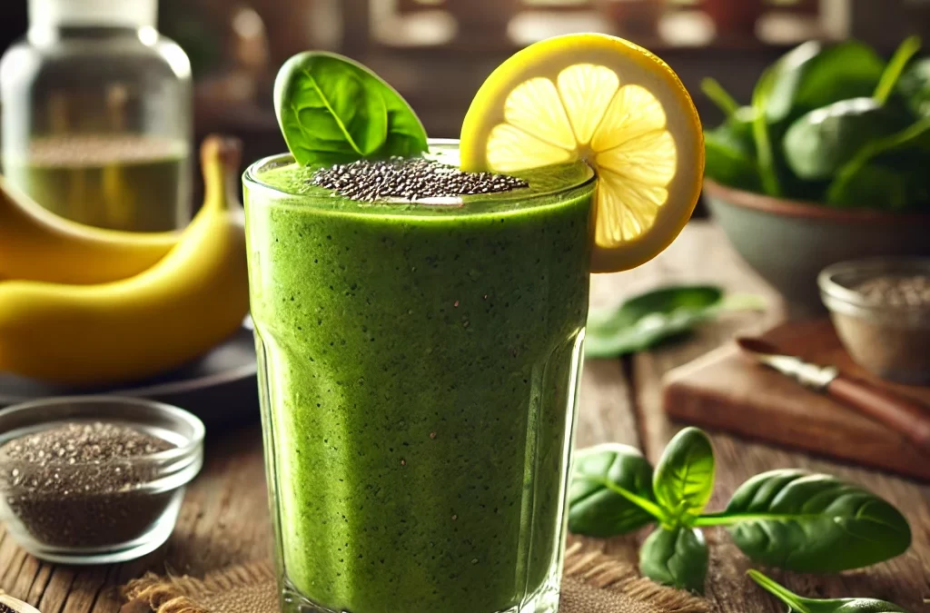 Citrininė špinatų ir banano smūgė su chia sėklomis