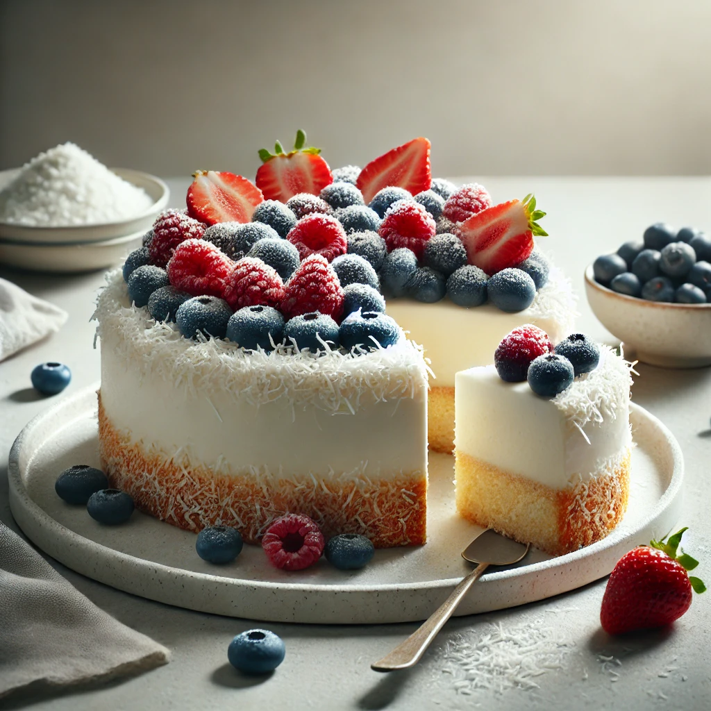 Musu Cake Jogurtinis tortas su kokosais ir uogomis - Musu receptai