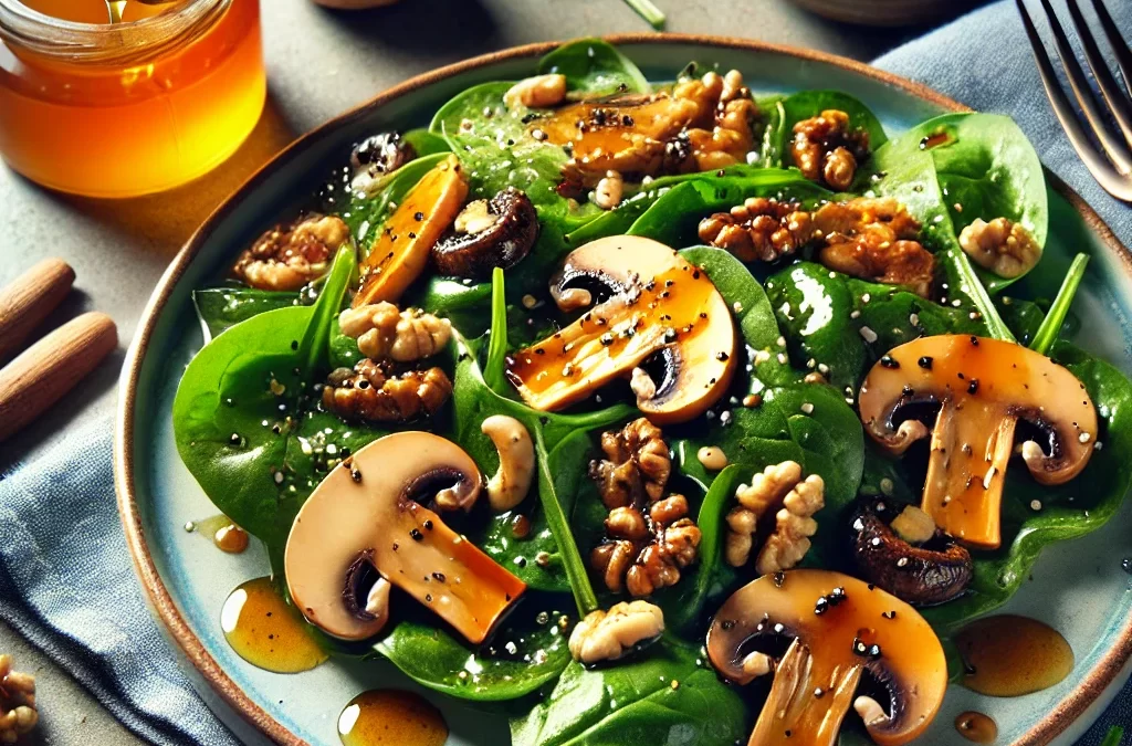 Veganiški grybų ir špinatų salotos su riešutais ir medumi