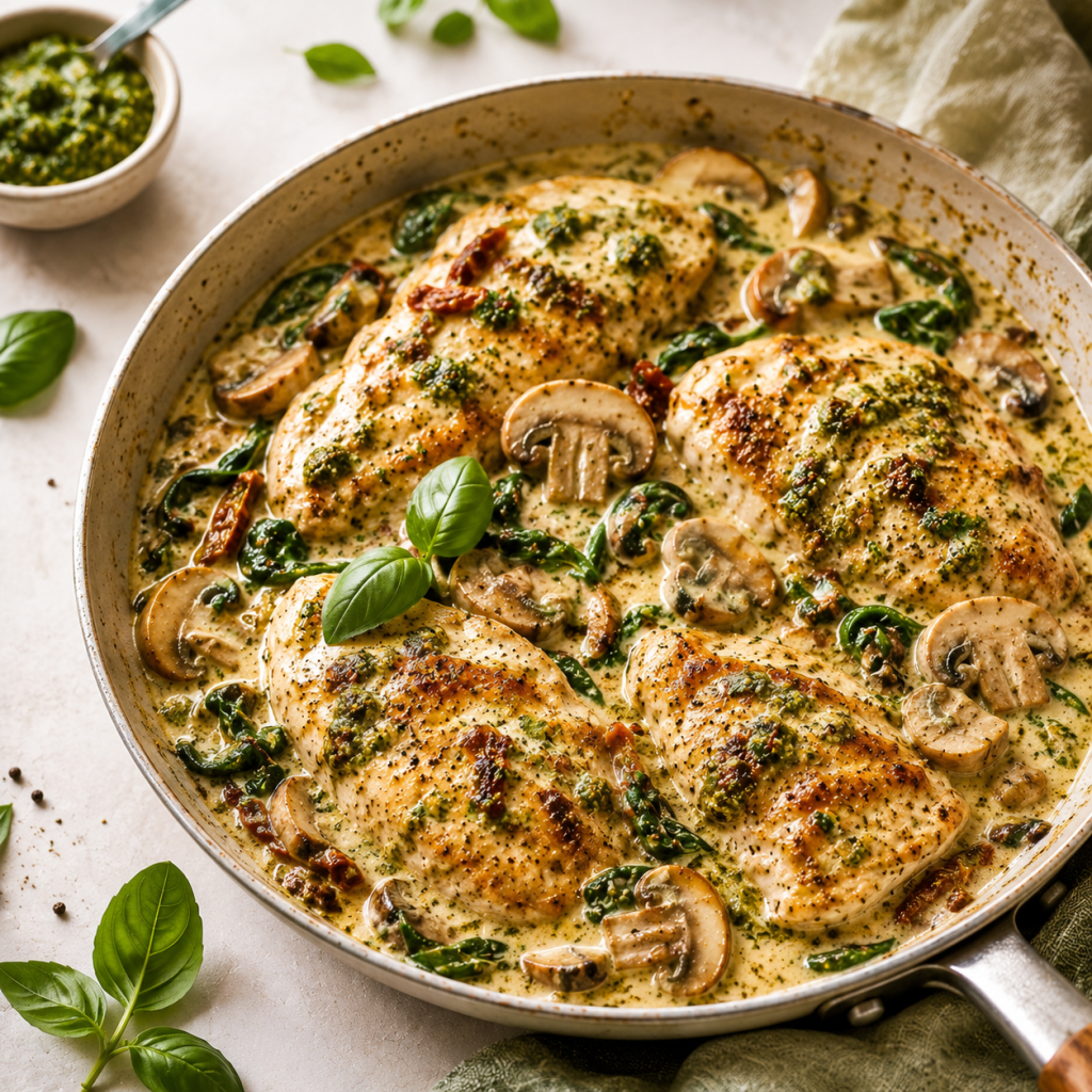 Kreminė vištiena su pesto ir grybais Kreminė vištiena su pesto ir grybais