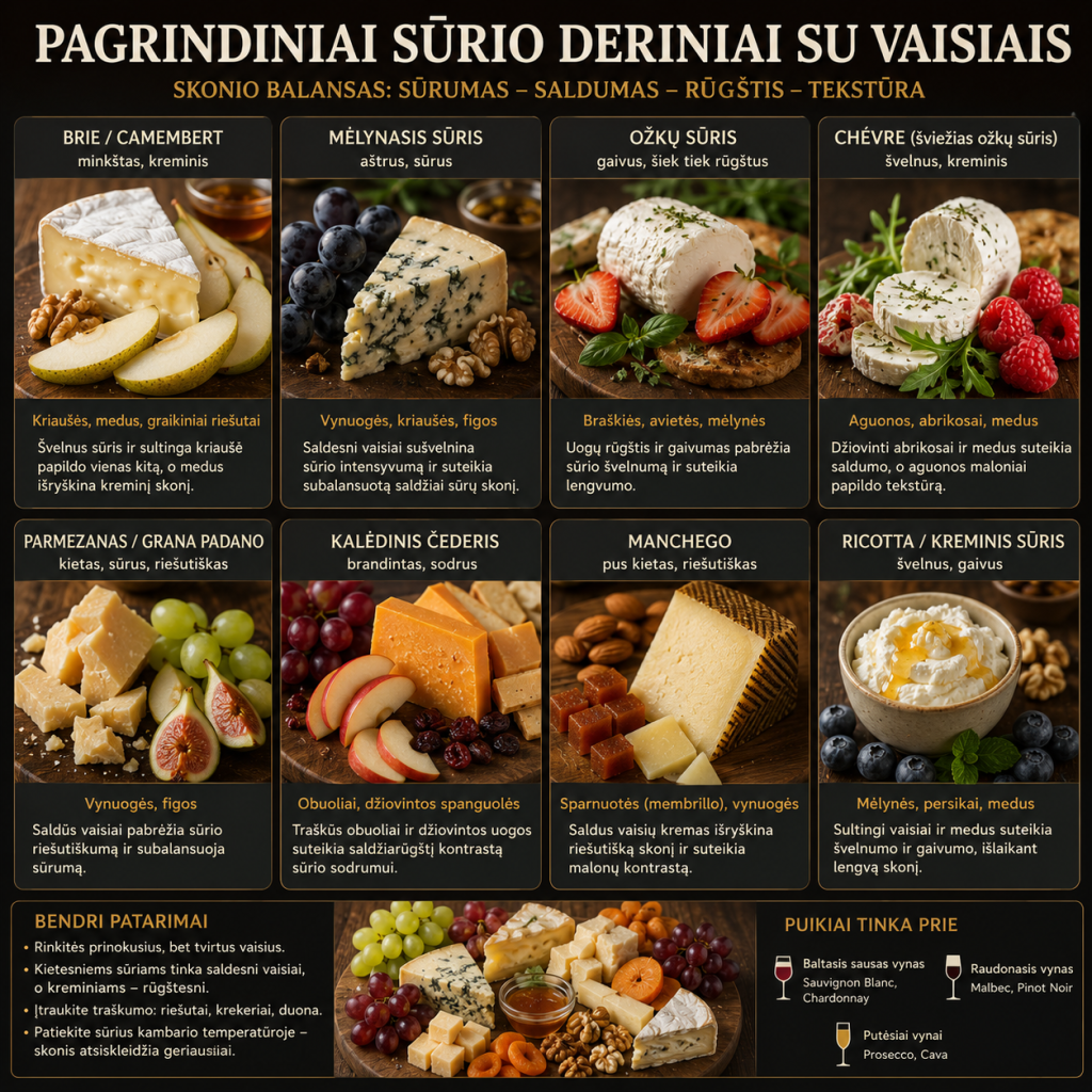 Pagrindiniai sūrio deriniai su vaisiais