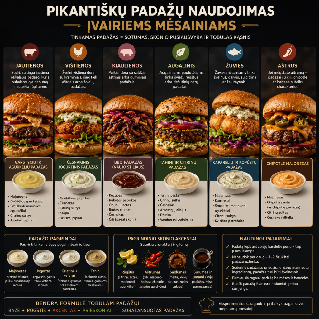 Pikantiškų padažų naudojimas įvairiems mėsainiams Pikantiškų padažų naudojimas įvairiems mėsainiams