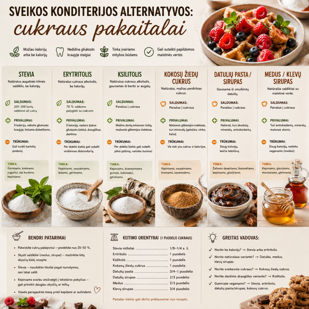 Sveikos konditerijos alternatyvos cukraus pakaitalai Sveikos konditerijos alternatyvos: cukraus pakaitalai