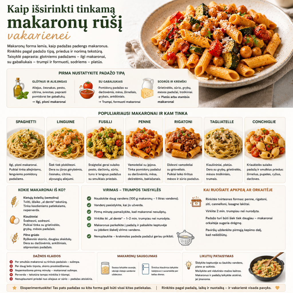 Kaip išsirinkti tinkamą makaronų rūšį vakarienei