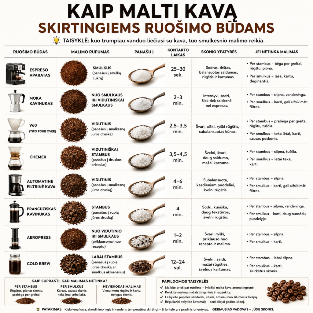 Kaip malti kavą skirtingiems ruošimo būdams