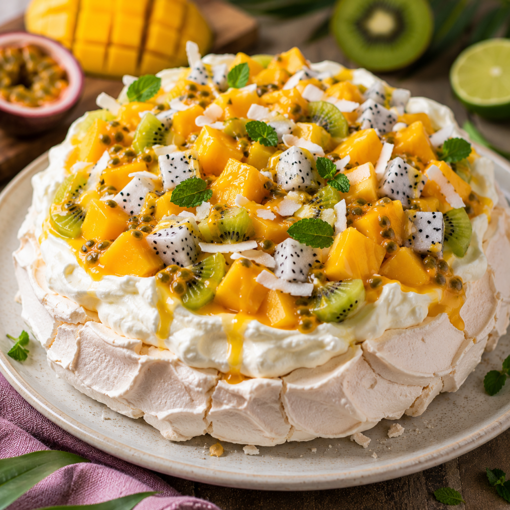 Pavlova su tropiniais vaisiais Pavlova su tropiniais vaisiais
