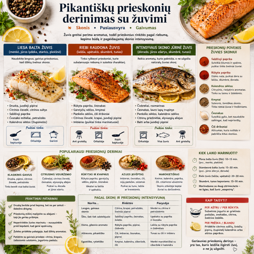 Pikantiškų prieskonių derinimas su žuvimi Pikantiškų prieskonių derinimas su žuvimi