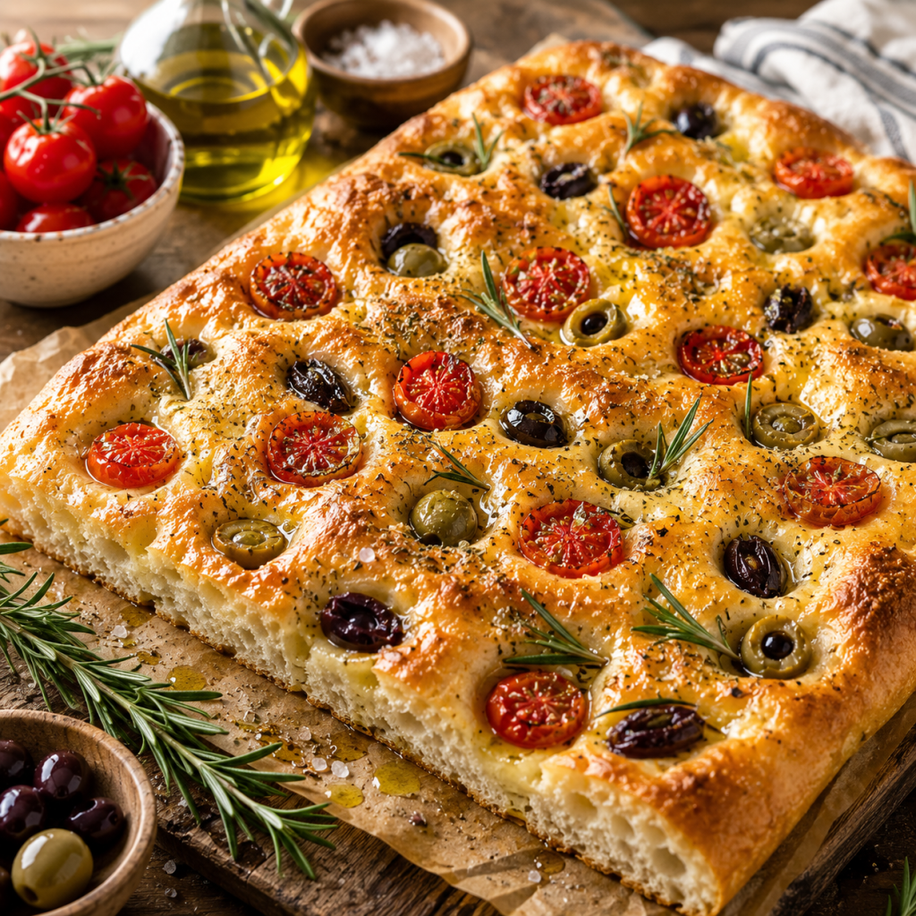 Pomidorų ir alyvuogių focaccia su rozmarinu Pomidorų ir alyvuogių focaccia su rozmarinu