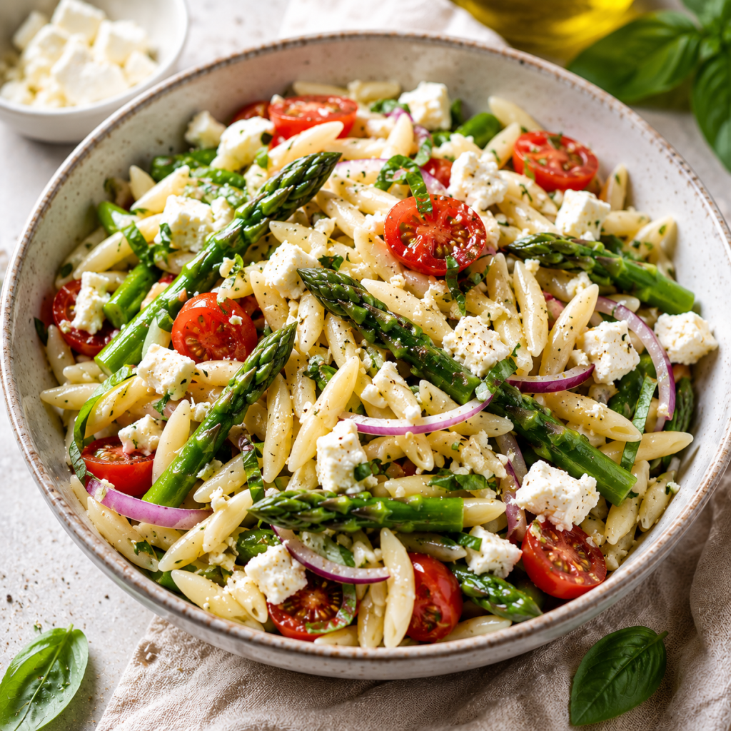 Šparaginių makaronų salotos su feta