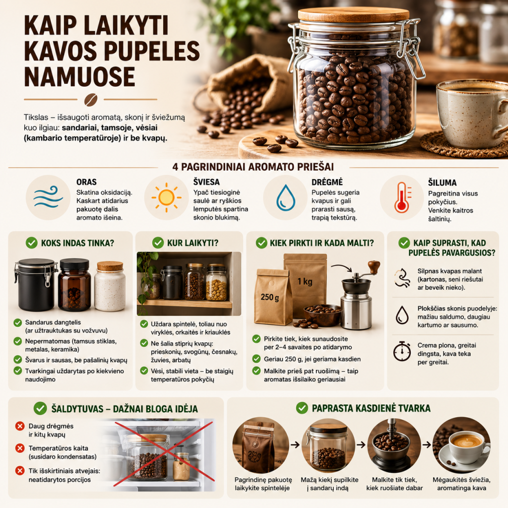 Kaip laikyti kavos pupeles namuose