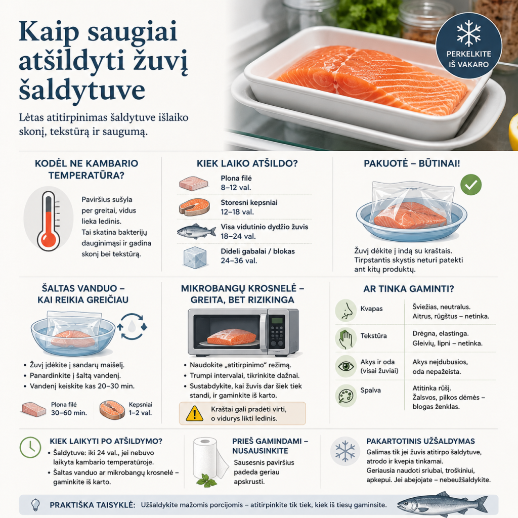 Kaip saugiai atšildyti žuvį šaldytuve