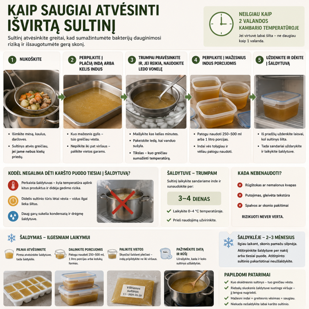 Kaip saugiai atvėsinti išvirtą sultinį Kaip saugiai atvėsinti išvirtą sultinį