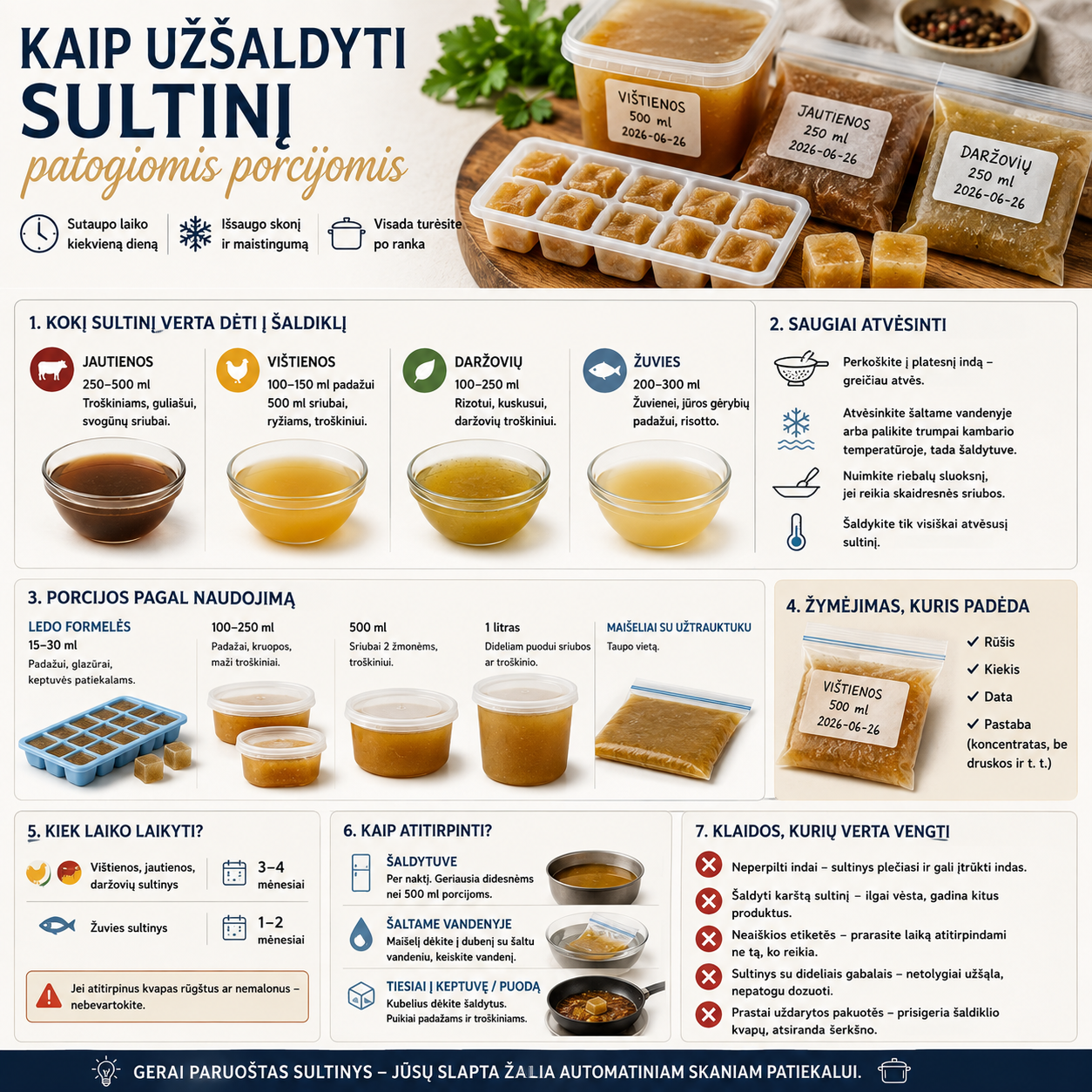 Kaip užšaldyti sultinį patogiomis porcijomis