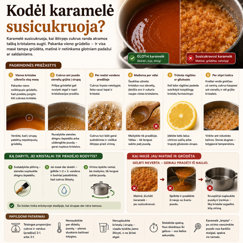 Kodėl karamelė susicukruoja verdant puode