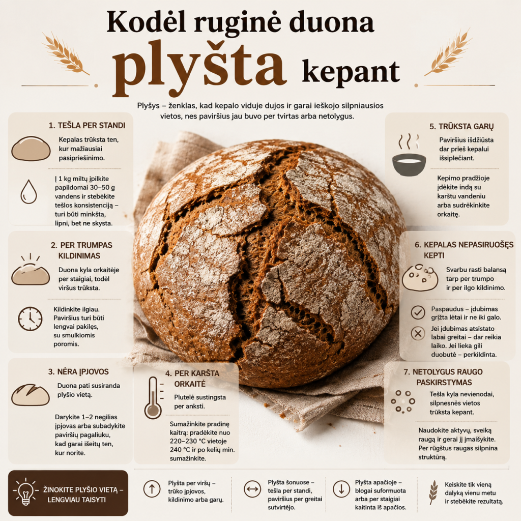 Kodėl ruginė duona plyšta kepant