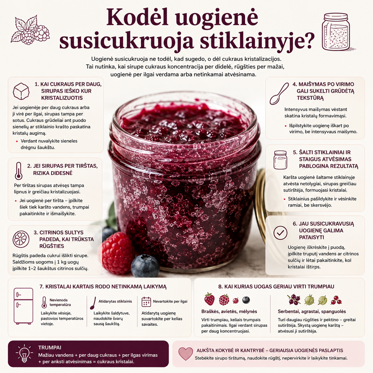 Kodėl uogienė susicukruoja stiklainyje
