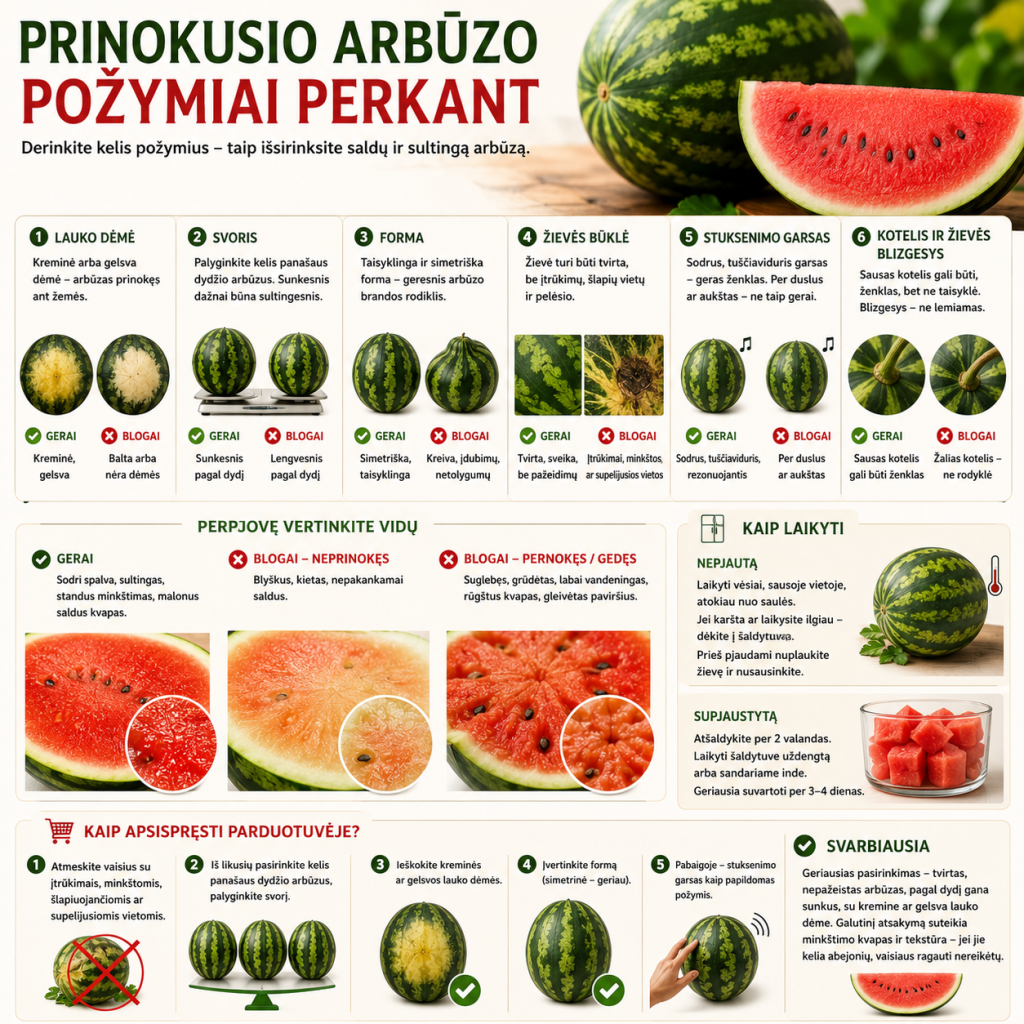 Prinokusio arbūzo požymiai perkant Prinokusio arbūzo požymiai perkant