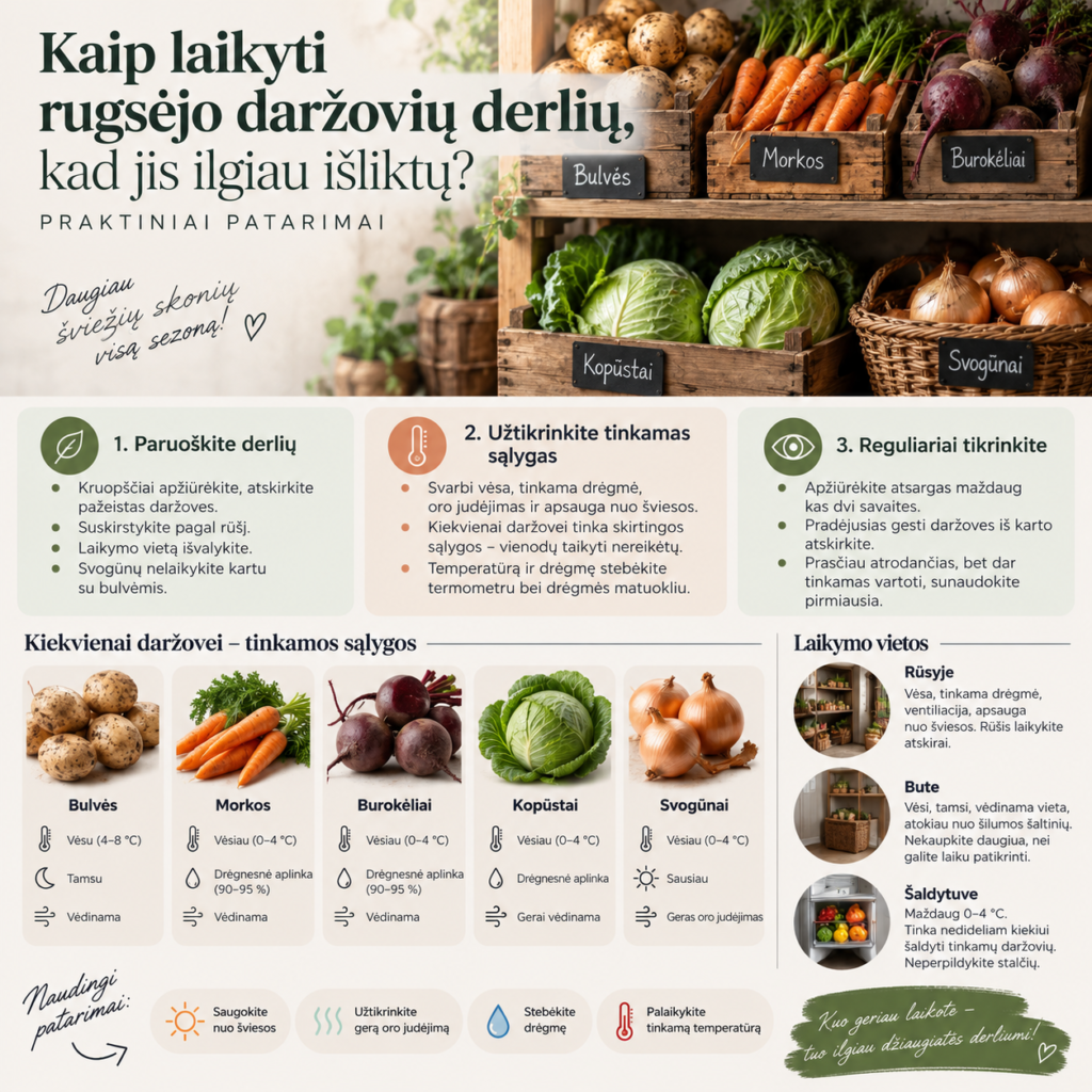 Kaip laikyti rugsėjo daržovių derlių, kad jis ilgiau išliktų