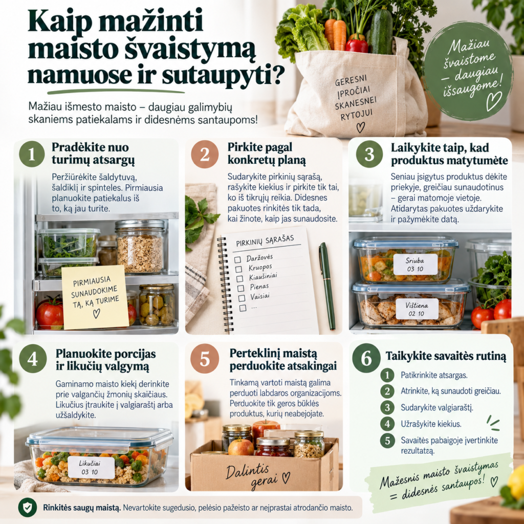 Kaip mažinti maisto švaistymą namuose ir sutaupyti
