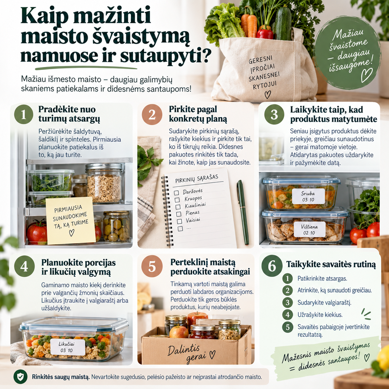 Kaip mažinti maisto švaistymą namuose ir sutaupyti