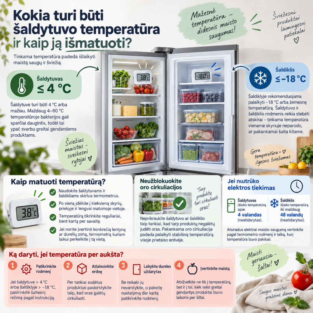 Kokia turi būti šaldytuvo temperatūra ir kaip ją išmatuoti