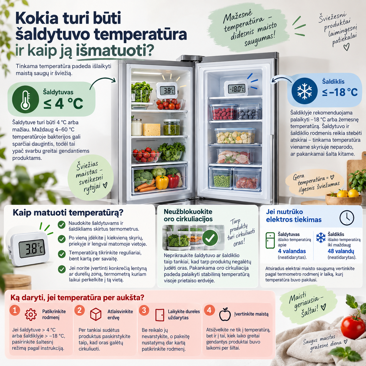 Kokia turi būti šaldytuvo temperatūra ir kaip ją išmatuoti
