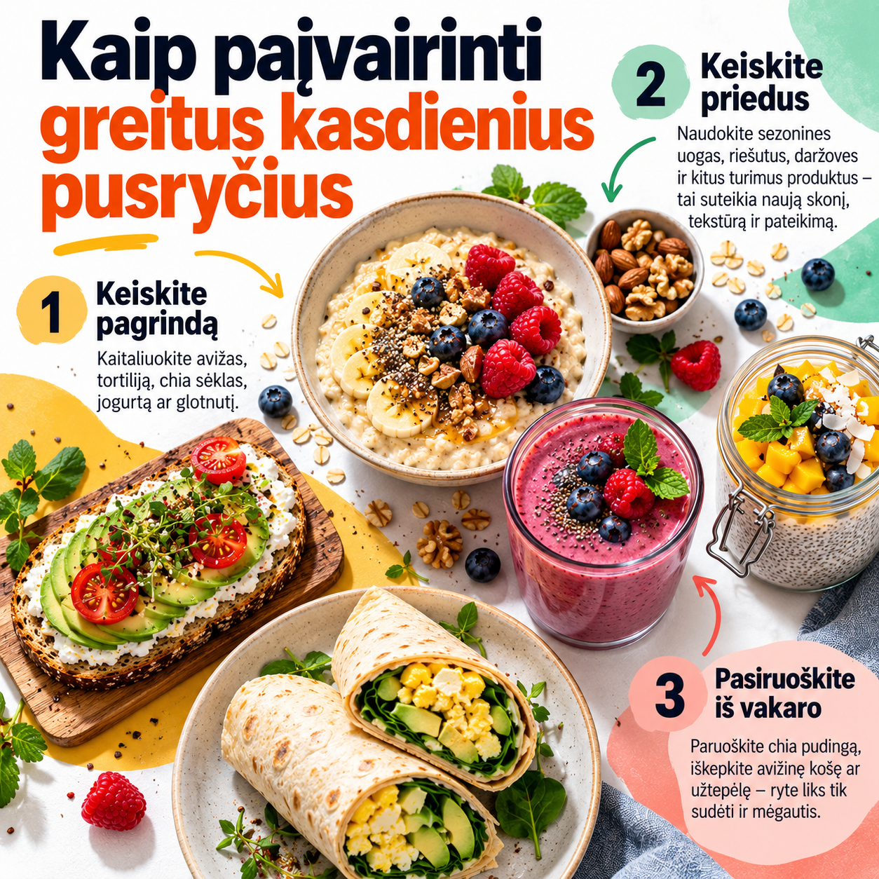 Kaip paįvairinti greitus kasdienius pusryčius