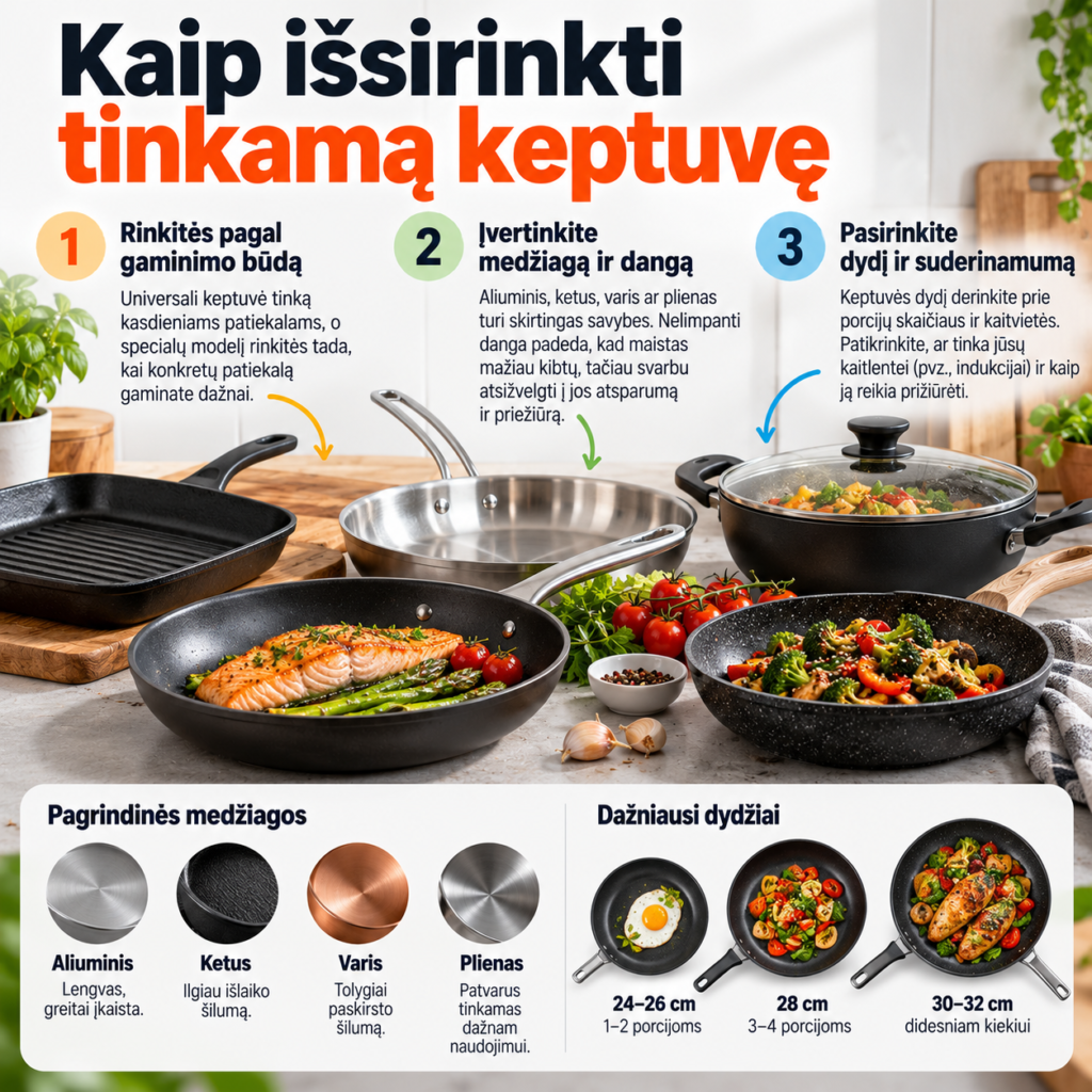 Kaip išsirinkti tinkamą keptuvę