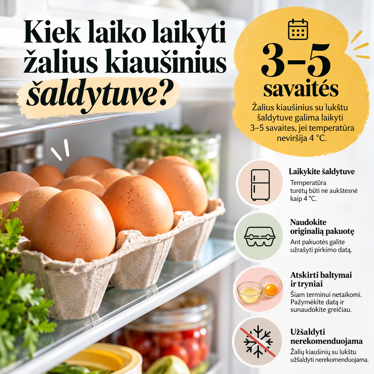 Žalių kiaušinių laikymas šaldytuve Kiek laiko laikyti žalius kiaušinius šaldytuve